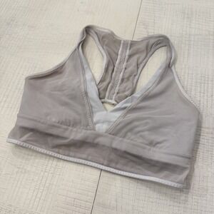 LULULEMON Gray V Neck Sports Bra Size 6 Mesh Layered Grey Beige White Cross Back